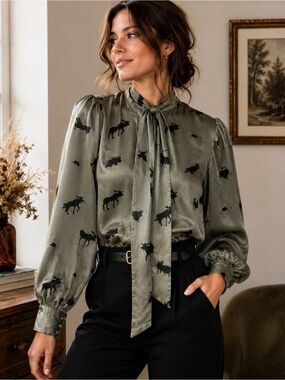 Shop Meg 100% Silk Grey Woodland Animal Print Tie Neck Blouse Small Novelty